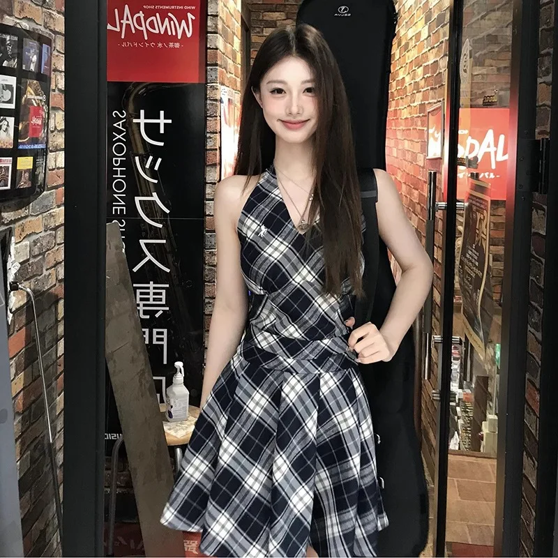 

Summer New Hot Girl Plaid Halter Dress Women's Tight Waist Slimming Patchwork Niche PleatedAWord Short Skirt Tide
