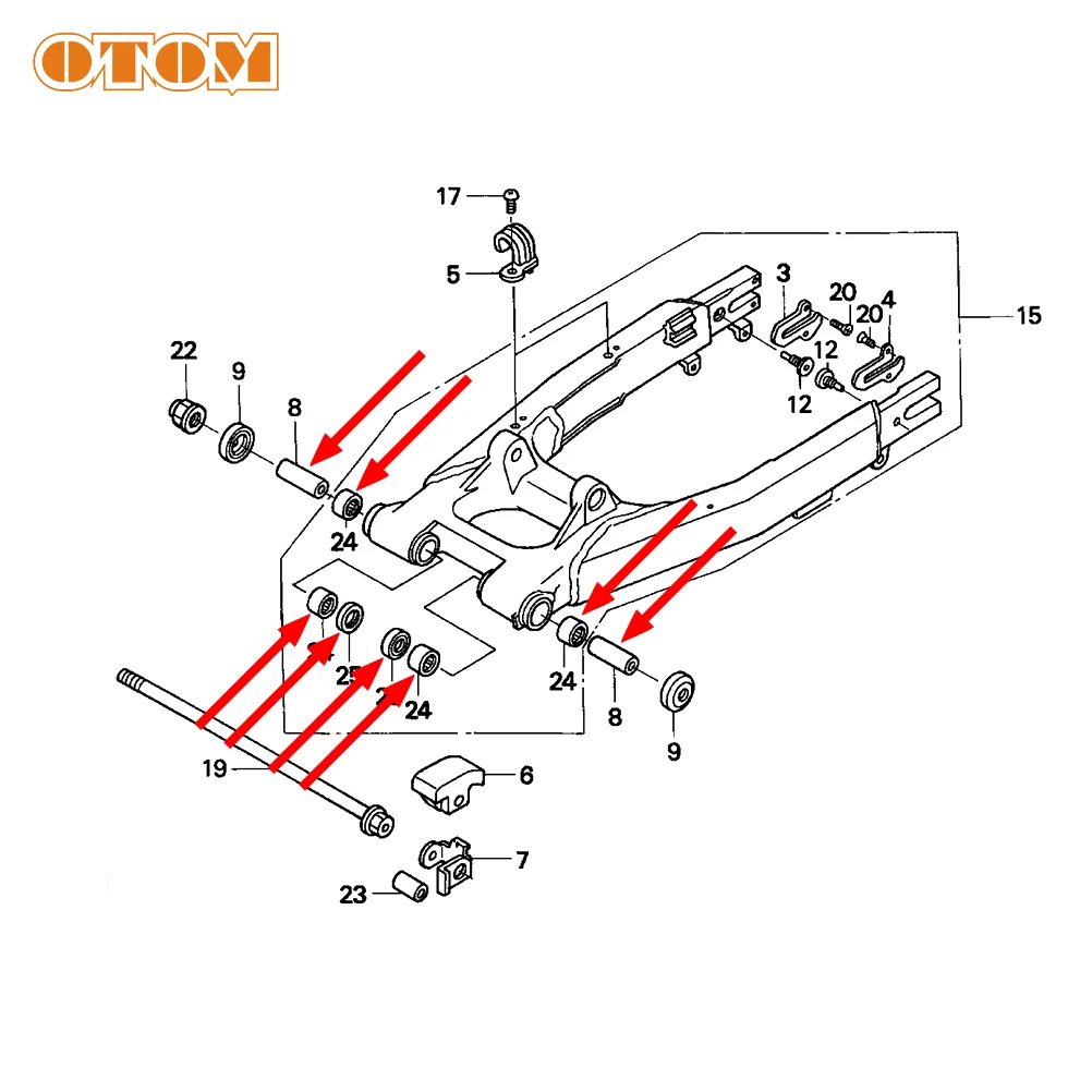 OTOM Motorcycle Swing ARM Rear Shock Bushing Needle Bearing Oil Seal For HONDA XR250R 1996-2004 52141-KCZ-000 Off-Road Accessory