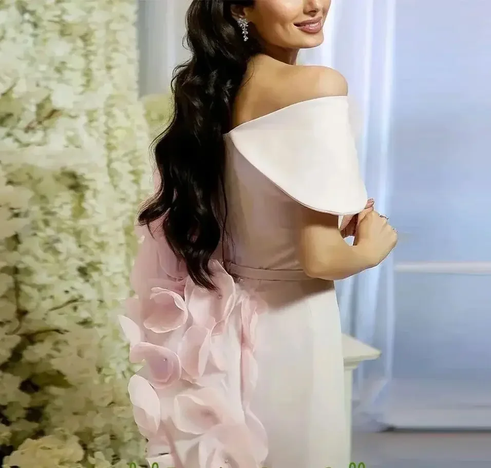 

Customized Pink Elegant Prom Dresses Mermaid Gown Off The Shoulder Flowers Party Dresses For Woman Evening Dresses