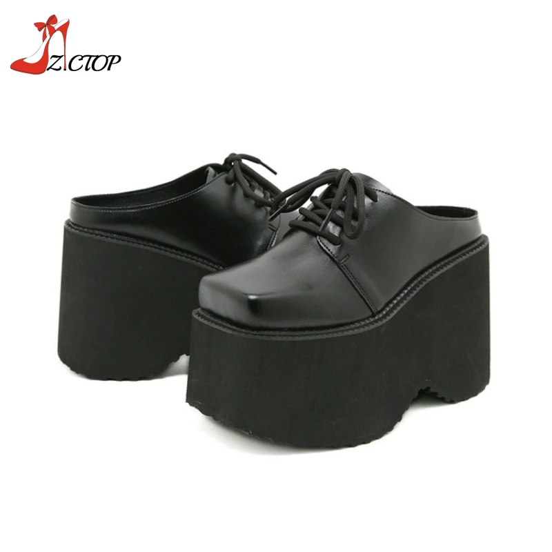 Black Platform Sandals Wedge High Heels Women Closed Toe Chunky Slippers Mules Outdoor Slip On Gothic Punk Shoes Big Size 42 43