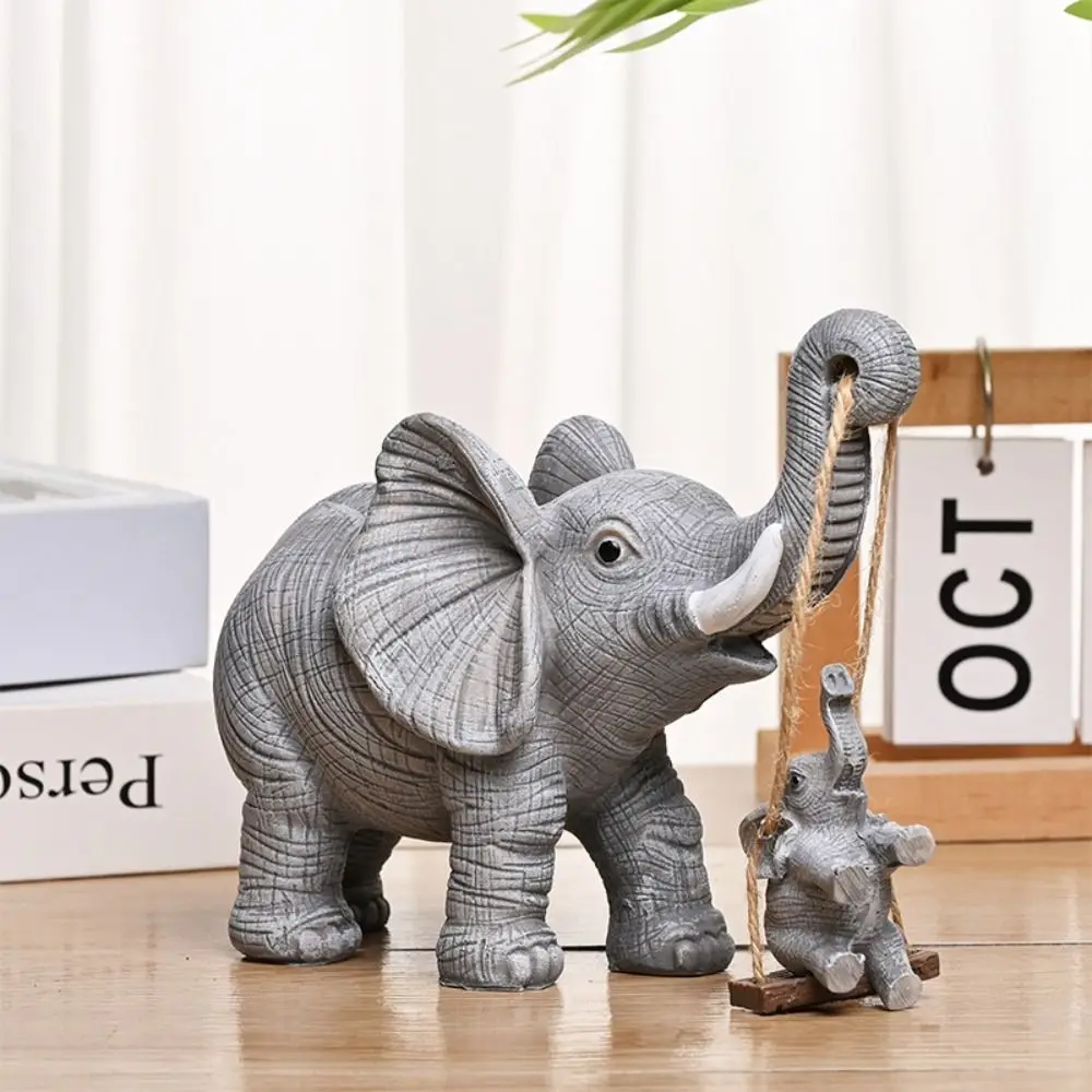 Cute Mother Baby Elephant Figurine Chinese Traditional Resin Crafts Elephant Swinging Statue Handmade