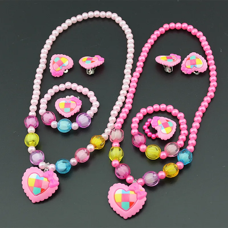 Imitation Pearls Beaded Jewelry Set Baby Girls Lovely Heart Necklace Heart Stud Earrings Kids Children Party Jewelry Gift