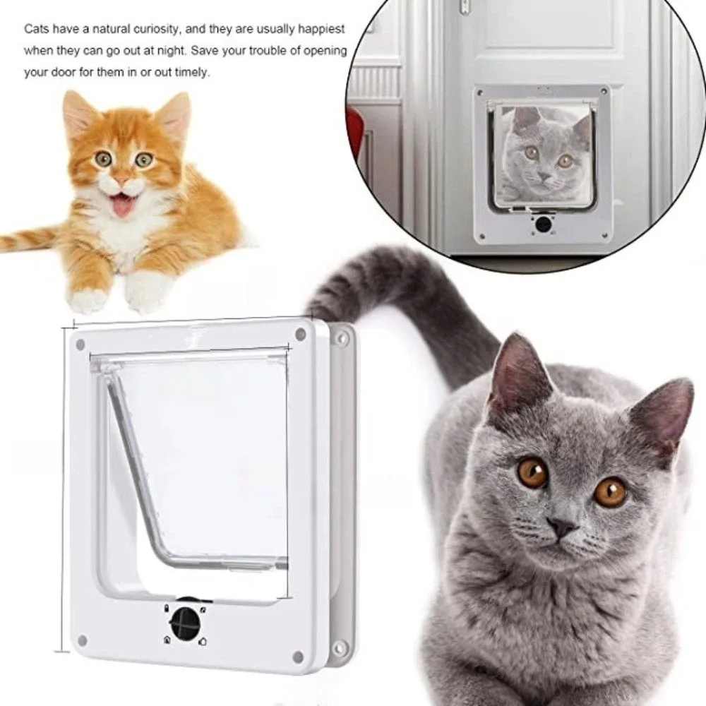 

4 Ways Locking Cat Flap Door with Security Lock Easy Installation Weatherproof Self-Closing Pet Door Turn Knob ABS Dog Flap Door