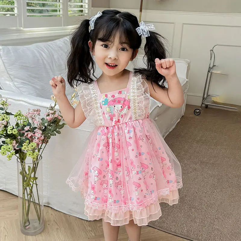 Fashion Summer Sanrio Baby Girls Dress 2024 New Kids Kuromi MyMelody Lace Short Sleeved Princess Dresses Children Party Costumes