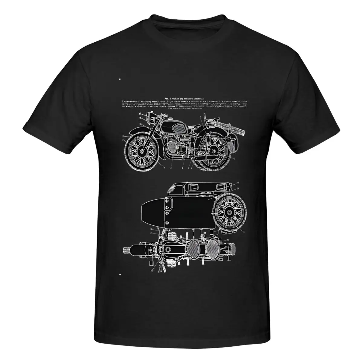 Vintage KMZ Dnepr-12 Motorcycle Diagram (White - Black Background) T Shirt Men Pure Cotton Humor T-Shirts O Neck Ural Tops Gift