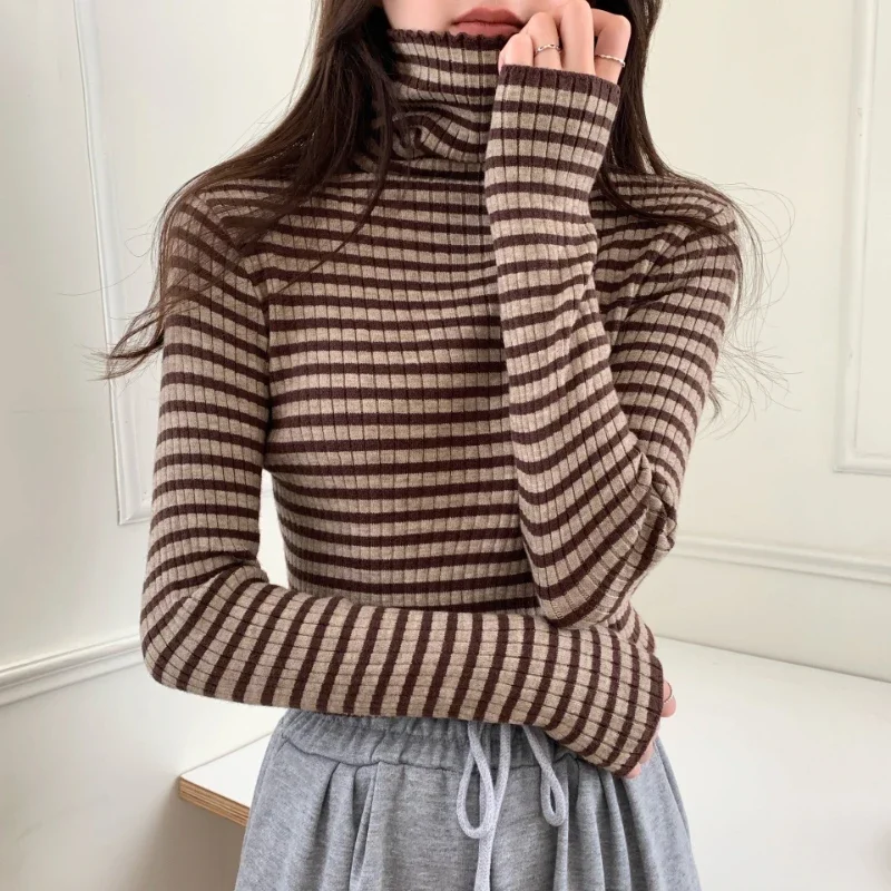 Women\'s Striped Turtleneck Sweater Autumn and Winter Knit Sweater 2023 Women\'s Long Sleeve Striped Sweater