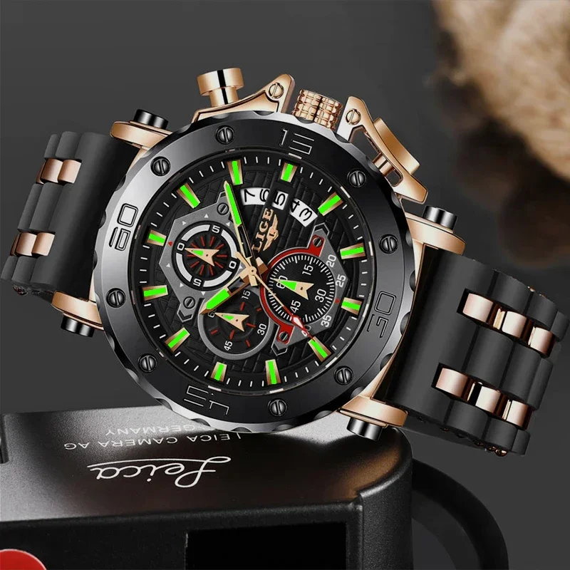 LIGE Top Brand Luxury Casual Sport Watch Creative Chronograph Silicone Strap Date Luminous Waterproof Big Men Watches Male Clock