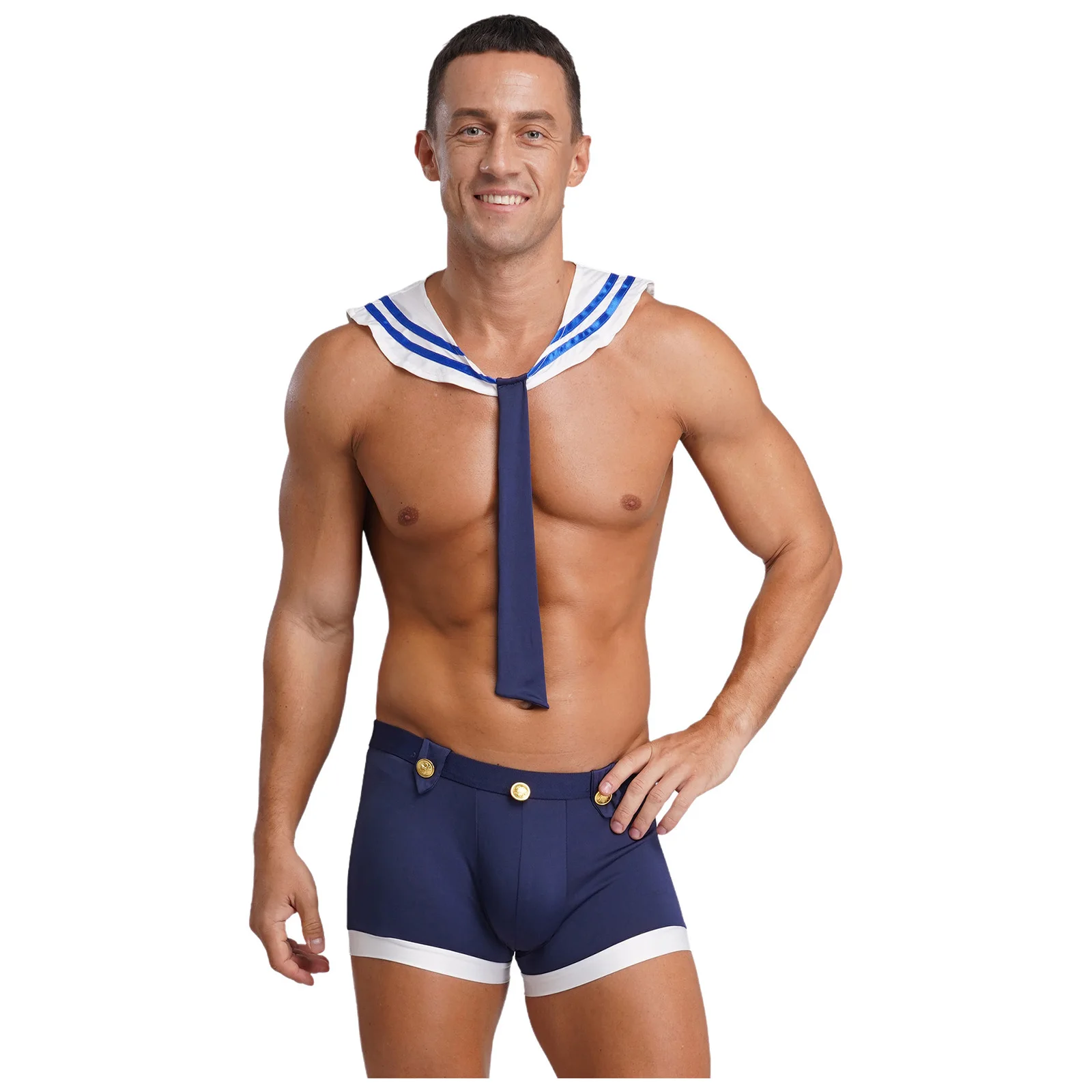 

Men Sailor Captain Cosplay Lingerie Costume Collar with Necktie Bulge Pouch Boxer Shorts Set for Dating Night Role Play Outfits