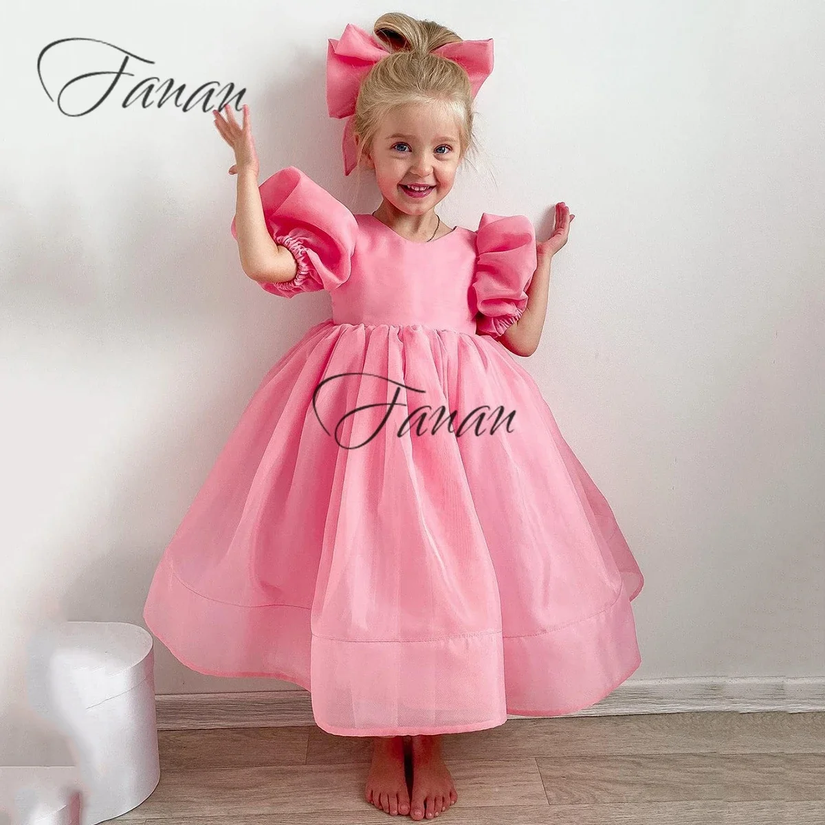 Vestido de manga acampanada Simple para niña y niña, vestido de primera comunión plisado de Organza, largo hasta el té, bonito vestido de cumpleaños para niño