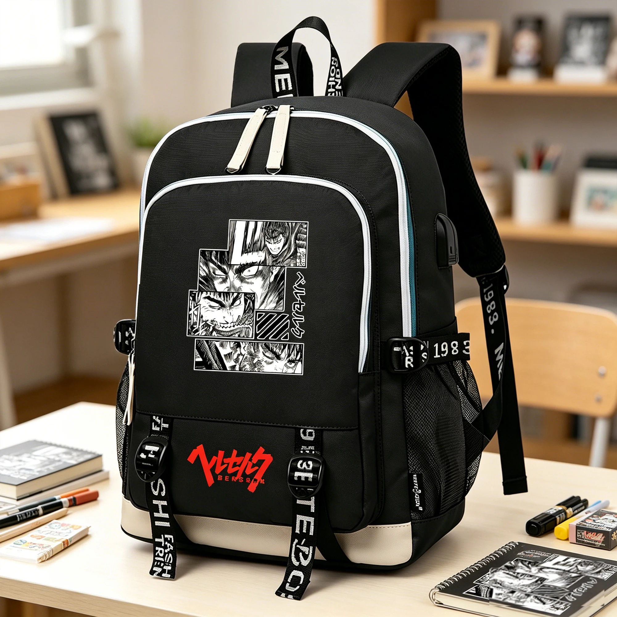 

Anime Berserk Students Oxford Shcool Bookbag Men Cartoon Travel Backpack USB Charging Laptop Bagpack Boys Black Casual Daypack