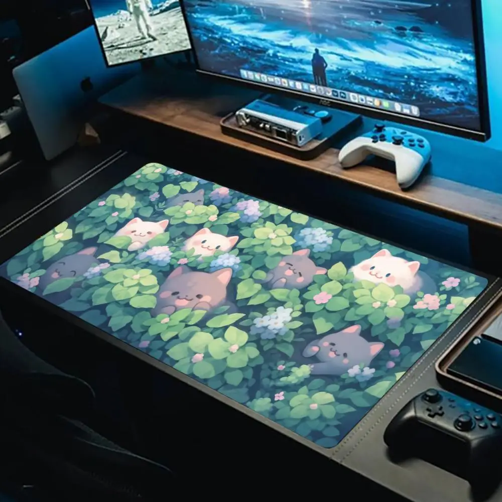 

Коврик для мыши с милыми кошками и лягушками, большой коврик для компьютерной офисной игры, настольный коврик XXL, резиновые противоскользящие коврики для клавиатуры с прошитыми краями, длинные настольные коврики