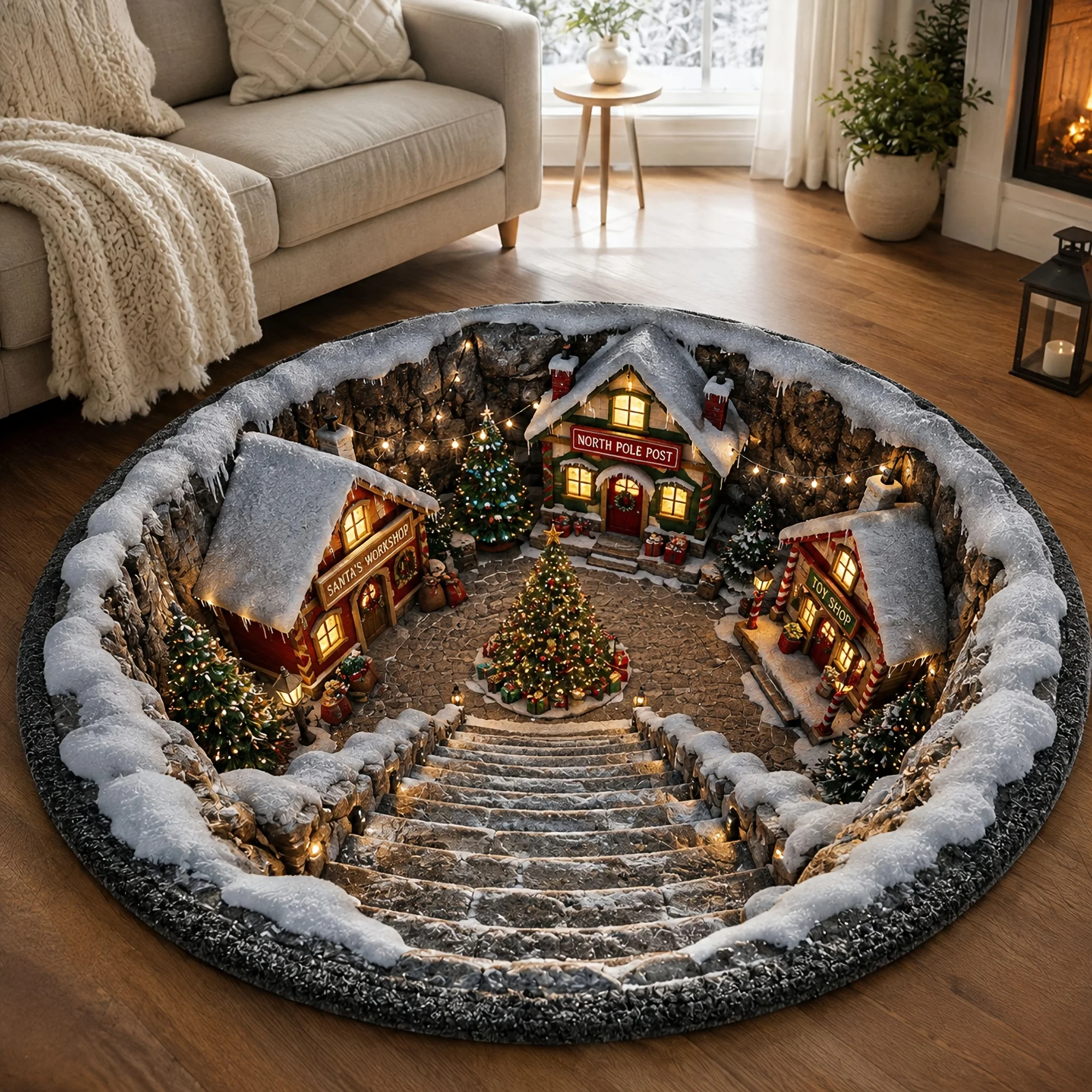 Round 3D Vortex Illusion Area Rug, Snowy Christmas Village House Staircase Print Indoor Home Decor Floor Mat