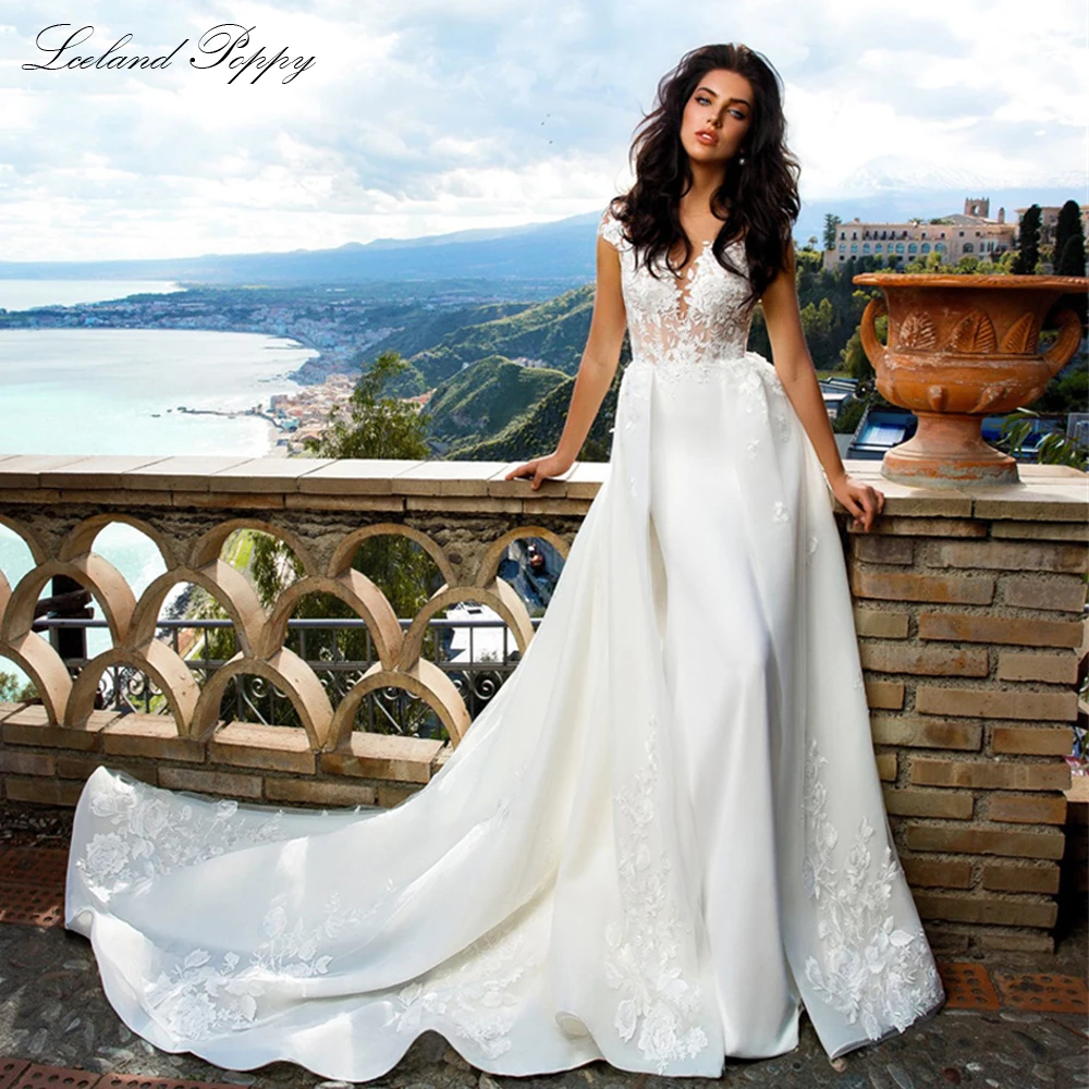 Lceland Poppy Customized Lace Mermaid Wedding Dresses Short Sleeves Backless Lace Bridal Gowns with Detachable Train