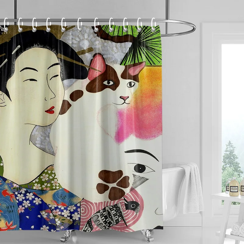 Abstract Woman and Cat Shower Curtain with Colorful Art Design for Artistic Bathroom Decor