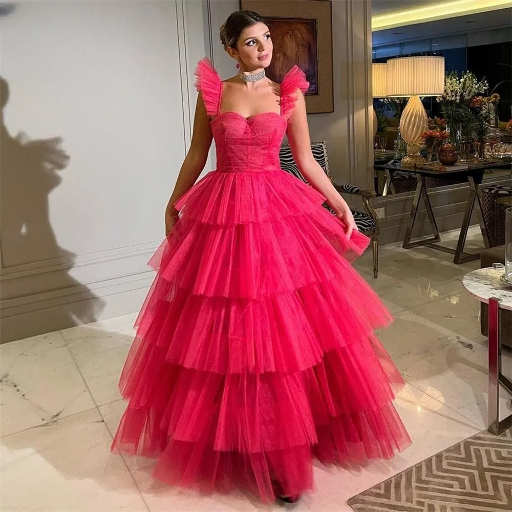 

Pearl Dress Ruffle Strap Women's Red A-line Evening Dress Wedding Party Layered Tulle Formal Prom Dress 2023