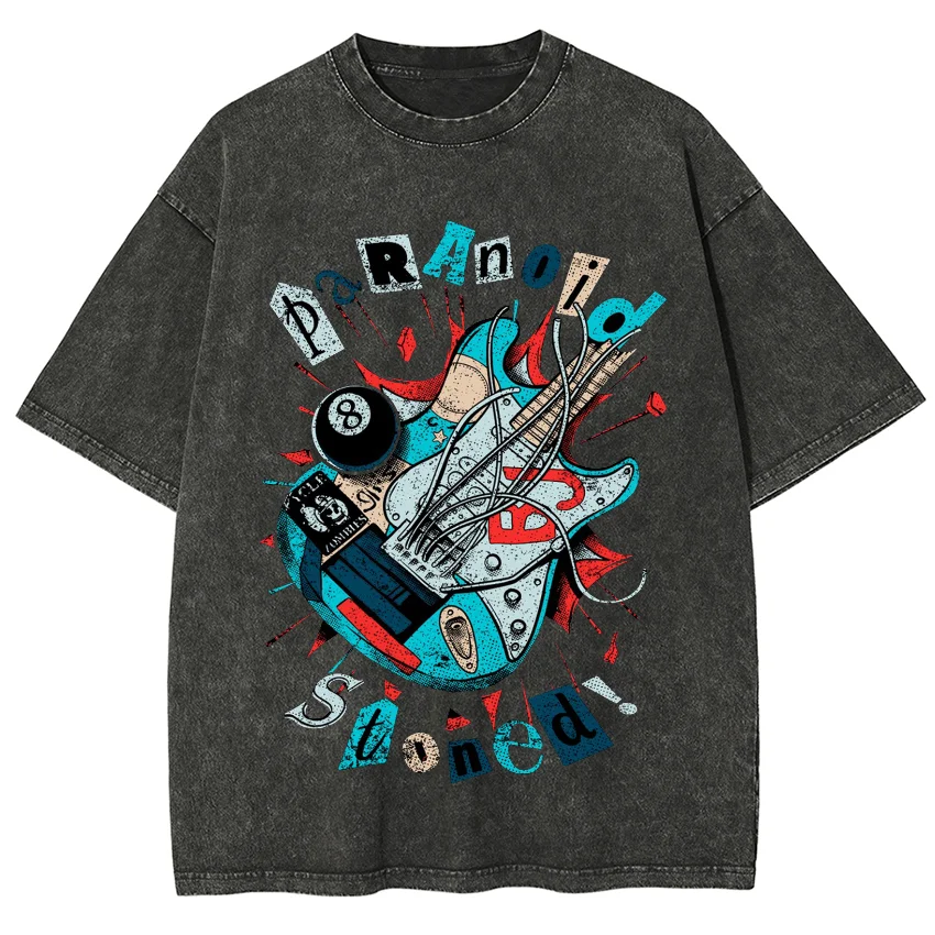 

High Street Hip Hop Rock Guitar Print Unisex T-Shirt Loose Oversized Women's Men's Short Sleeve Western Show Press Fashion Top