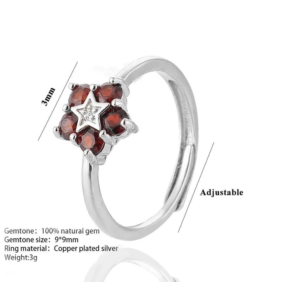 Bague pentagramme en argent plaqué cuivre réglable pour femme, grenat 100% naturel, convient aux fêtes et aux cadeaux, 215