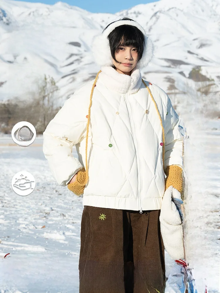 

Новогодняя женская модная куртка-пуховик в японском ретро-стиле с ромбовидным узором, синяя, с высоким воротником, белая, с наполнителем из утиного пуха