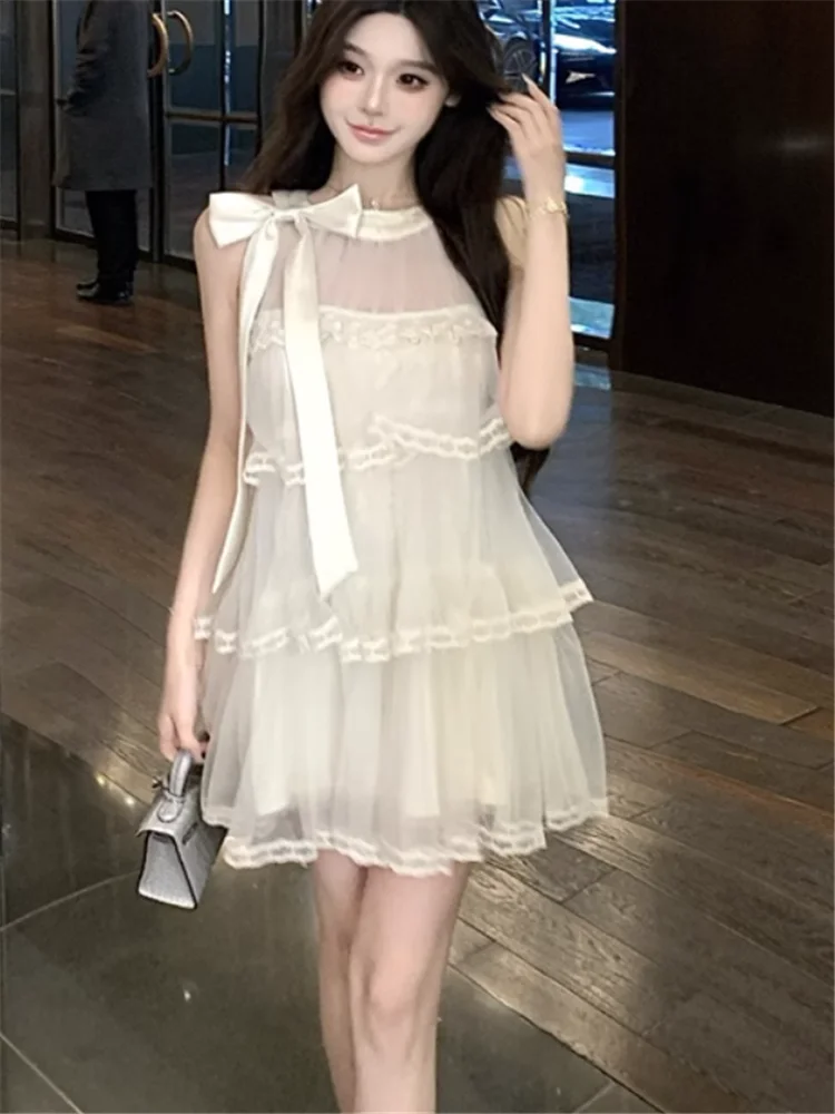 

Celebrity Lady Ribbon Bow Halter Mesh Birthday Party Dress New Summer Sleeveless Apricot Lace Patchwork Fluffy A-line Tank Dress