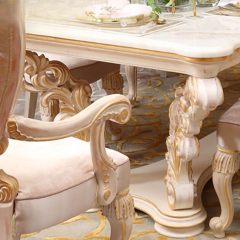 Meubles de salle à manger, table sculptée en bois massif, table à manger rectangulaire en marbre naturel et combinaison de chaises