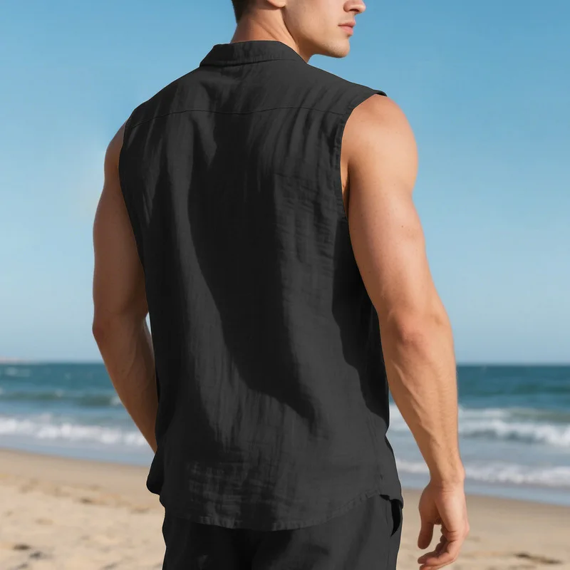Summer casual BreathableTurn Down Collar button Sleeveless cardigan t-shirt vestMen Solid Sports Loose Beach Tops - view 2