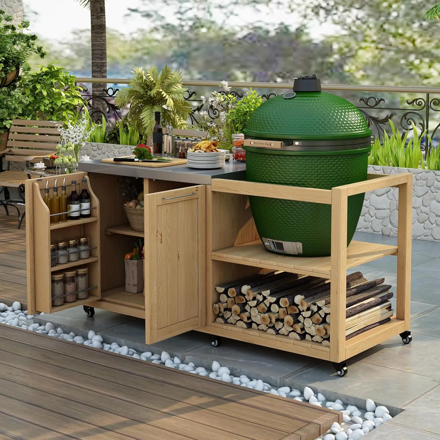 

Уличный стол-подставка для гриля Big Green Egg, сверхпрочная тележка для гриля из массива дерева с XL Big Green Egg, большая уличная кухня, на заказ