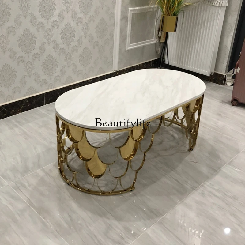 

American light luxury stainless steel black and white root marble coffee table wrought iron arc tea table