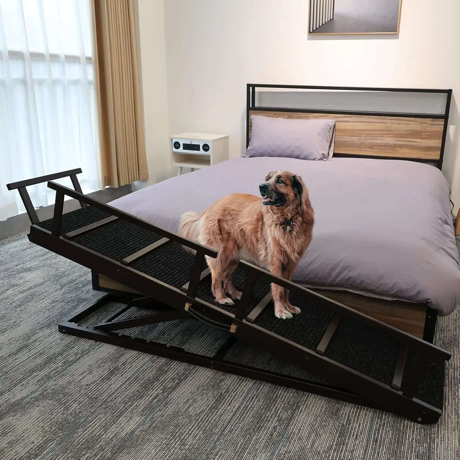 Pet Ramp Folding Portable Wooden Dog & Cat Ramp for Couch or Bed, Including Non Slip Mat & Safety Side Rails, 64.2 Inch Long