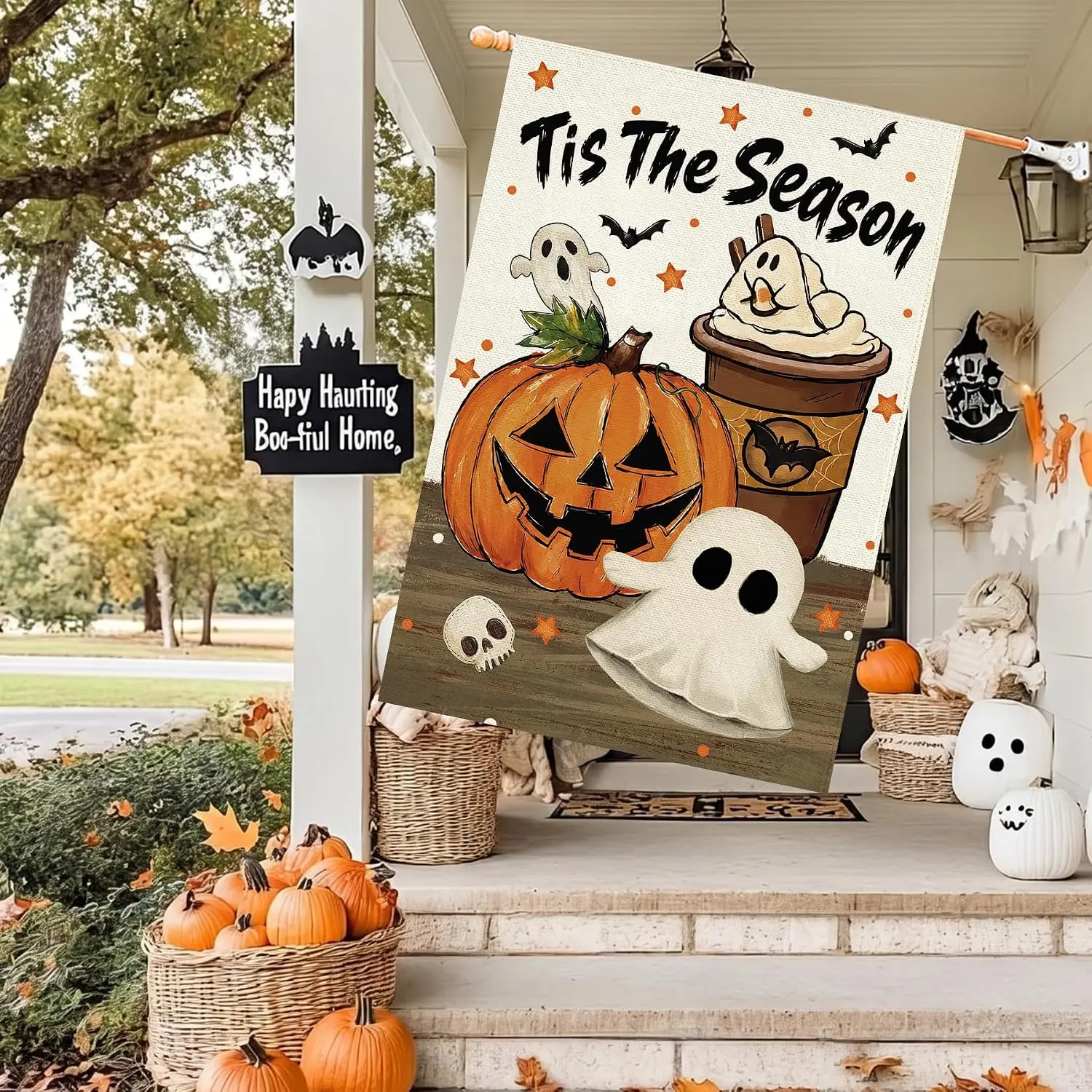 Halloween Ghost House Flag Double Sided 28x40 Inch,Spooky Pumpkin Tis The Season Skull Coffee Welcome Burlap Large Garden Fl llp