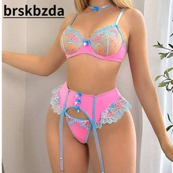 Brskbzda Exquisite Lace Lingerie Floral Embroidery Erotic Underwear 4Pieces Fancy Intimate Set For Couple Luxury Bra Garters Set