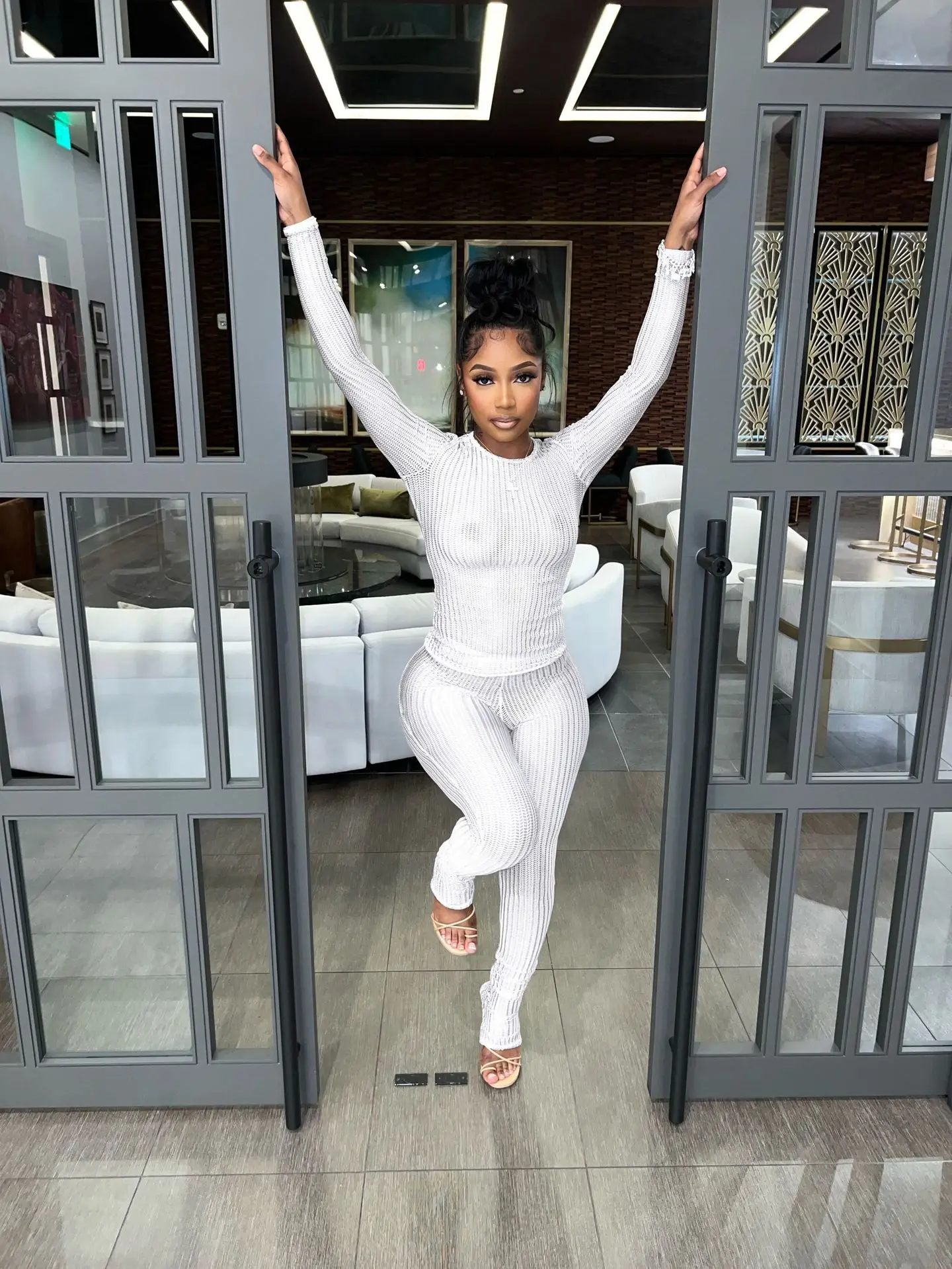 2024 Sexy Solid See Through Hollow Out Slim 2 Piece Set Women Long Sleeve Round Neck Top and Pants Night Club Party Matching Set
