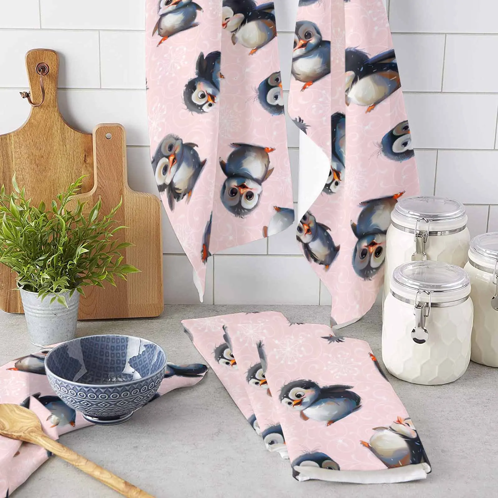 

Christmas Texture Penguin Snowflake Microfiber Towel Absorbent Kitchen Cleaning Cloth Dish Towel Household Cleaning Towel