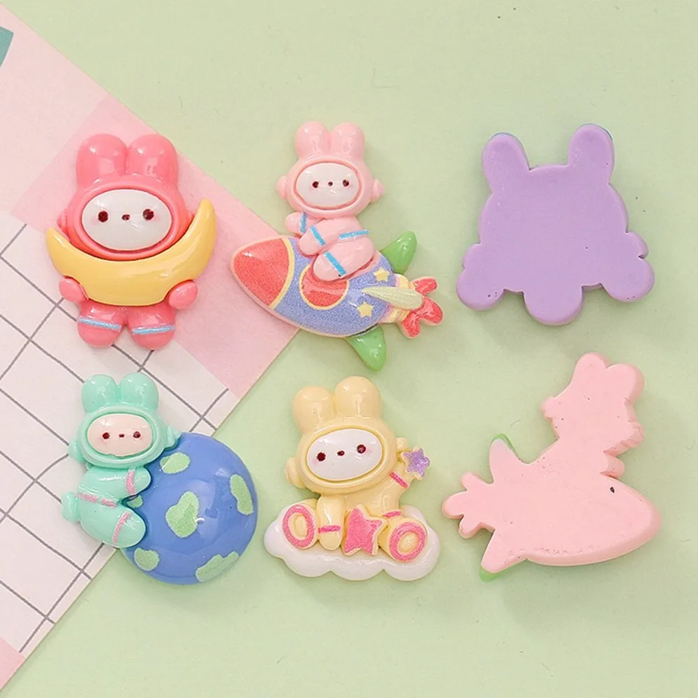 10Pcs New Cute Colorful Cartoon Outer Space Rabbit Series, Flat Back Ornament, Jewelry Bows Accessories