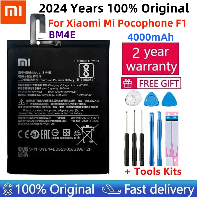 

2024 Years 100% Original Replacement Battery BM4E For Xiaomi MI Pocophone F1 Authentic Phone Battery 4000mAh+Tool Kits+Stickers