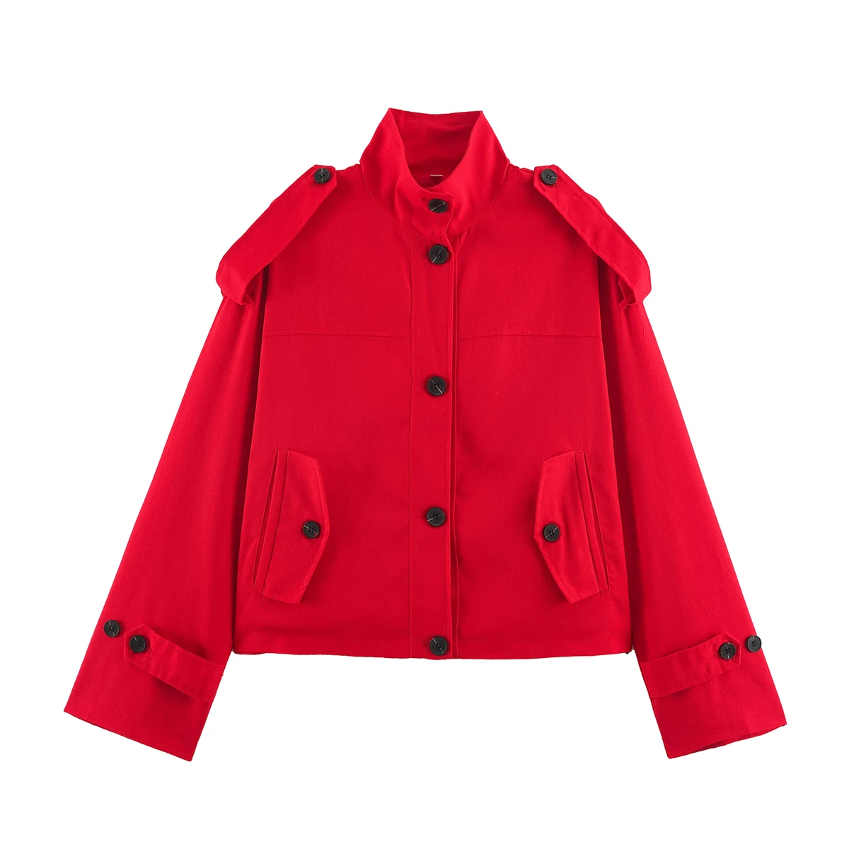 DUOPERI Women Red Vintage Cropped Jacket Stand Collar Epaulets Female Chic Lady Casual Outerwear