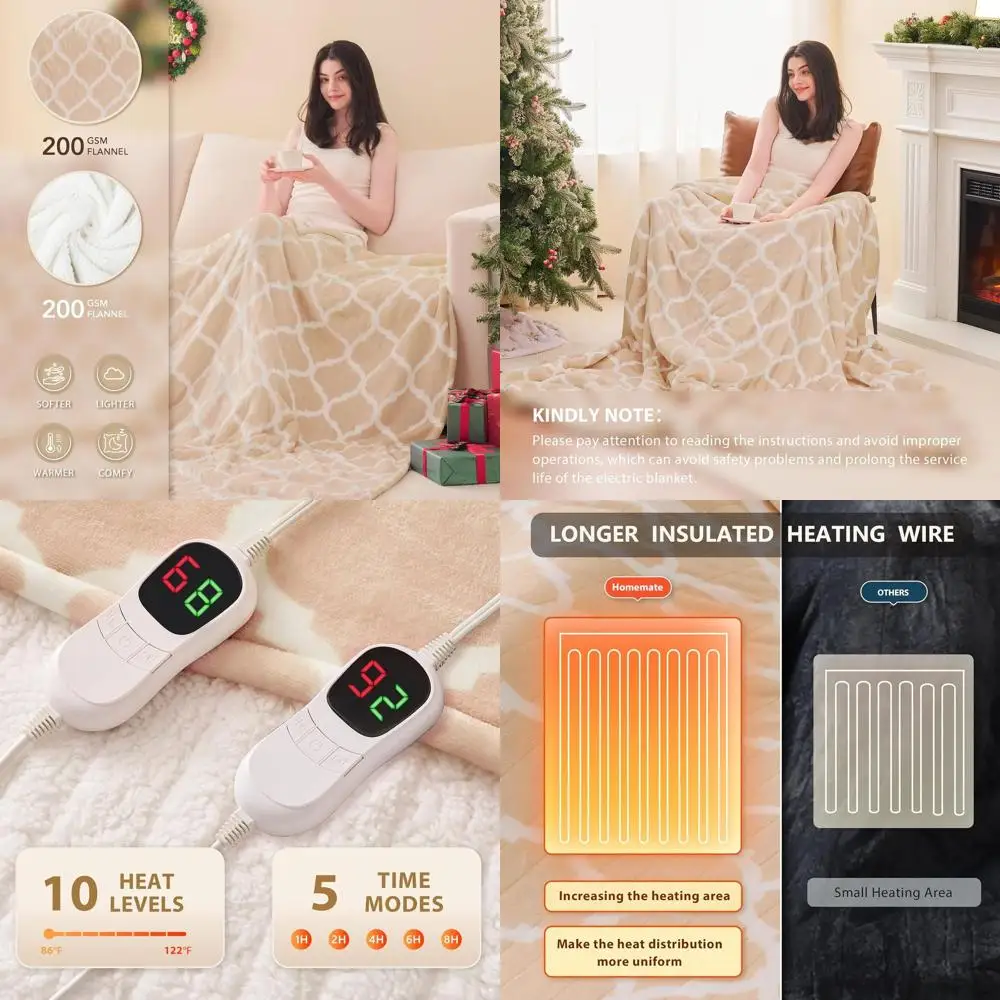 

Электрическое одеяло King Size - 100x90 см, 10 режимов нагрева, автоматическое отключение через 8 часов, мягкий фланель, защита от перегрева, сертификат ETL