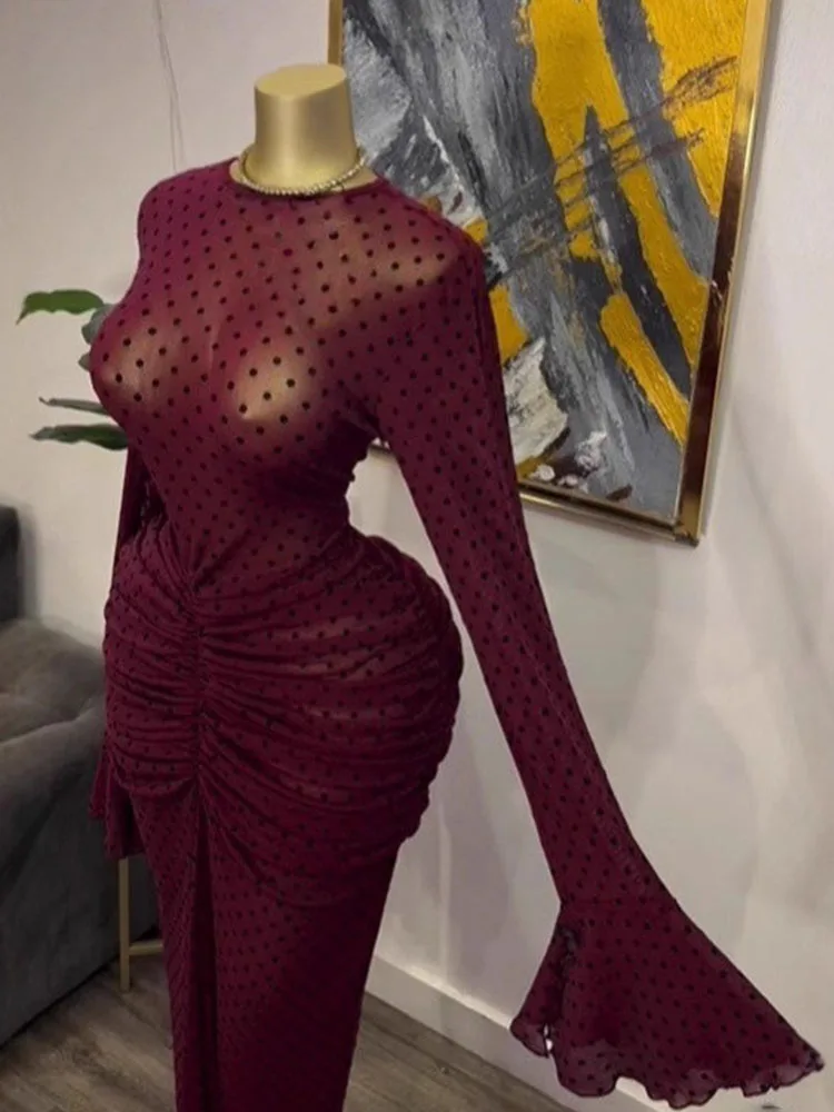 여성용 화려한 봄 드레스, 우아한 플레어 긴 소매, 곡선미를 살린 플로킹 드레스, 메쉬 투명 보헤미안 맥시 드레스, 슬링 안감 포함