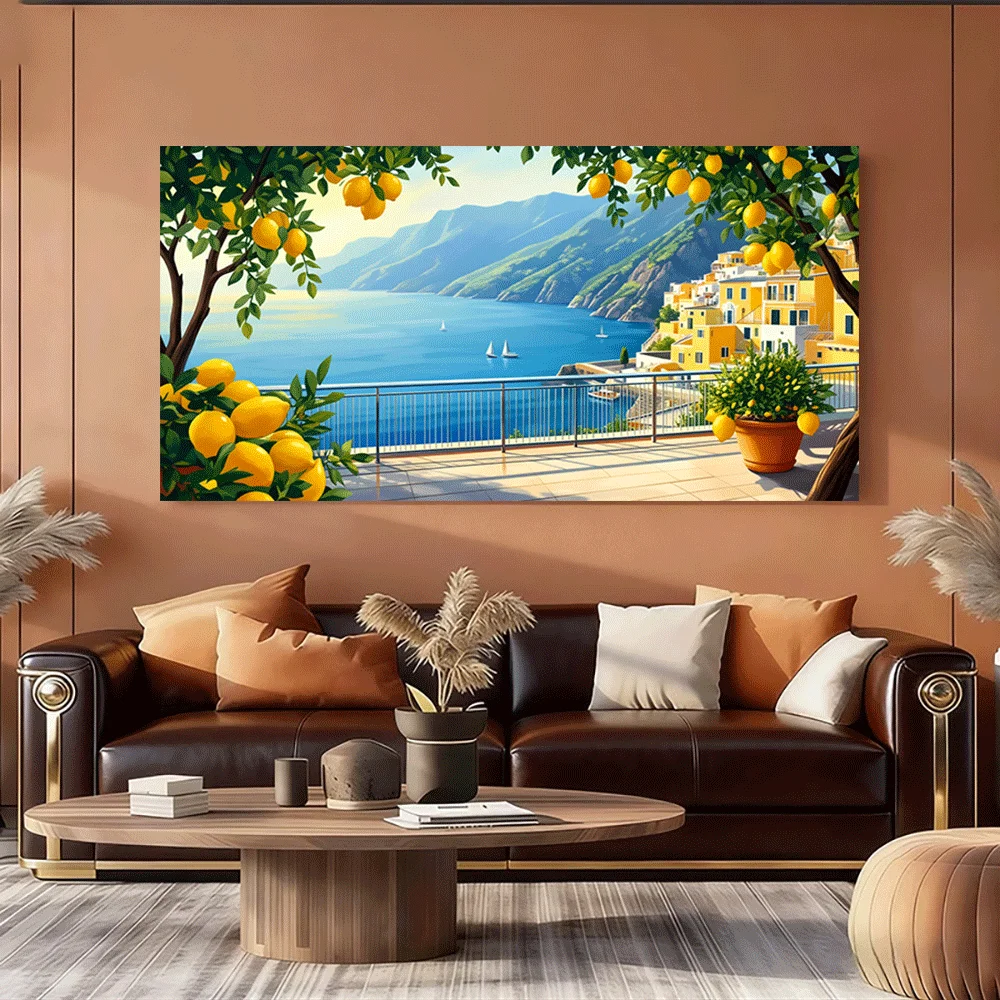1pc frameless Canvas Painting 1PC-Canvas poster Unframed  Lemon Tree Terrace Mediterranean Sea View Coastal Villa Landscape Art