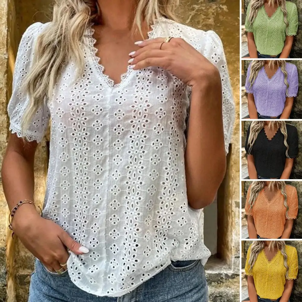 Elegant Women\'s Casual White Lace Shirt Blouses Office Summer Ruffles Short Sleeve Shirts For Women Hollow Out Simple Top Female