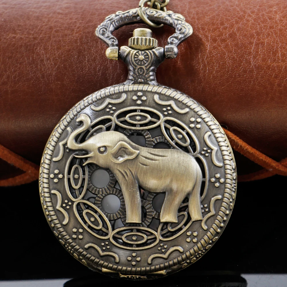 Vintage Elephant Arabic Digital Dial Quartz Steampunk Pocket Watch Men's and Women's Necklace Pendant with Chain Gift