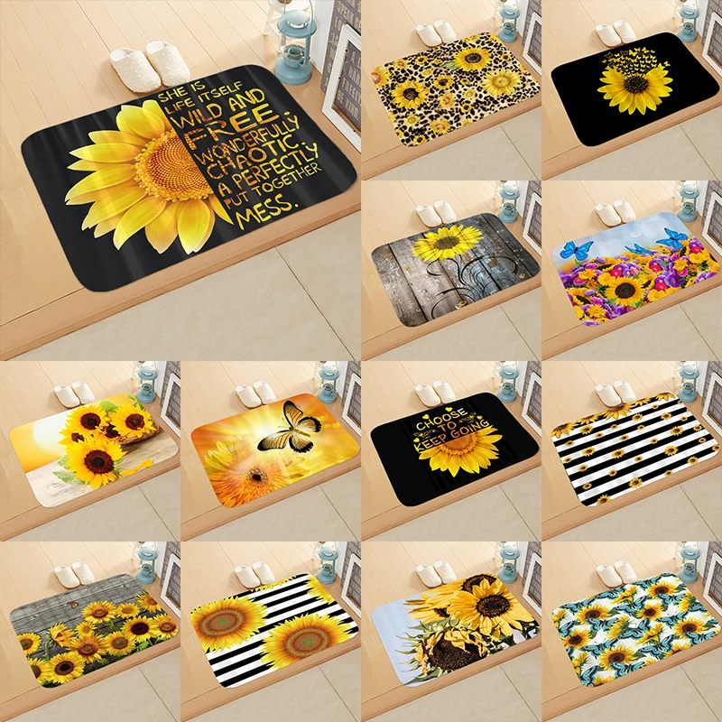 Sunflower Pattern Kitchen Bath Entrance Door Mat Bedroom Anti-Slip Coral Velvet Soft Carpet Rug Simple Home Decor Doormat