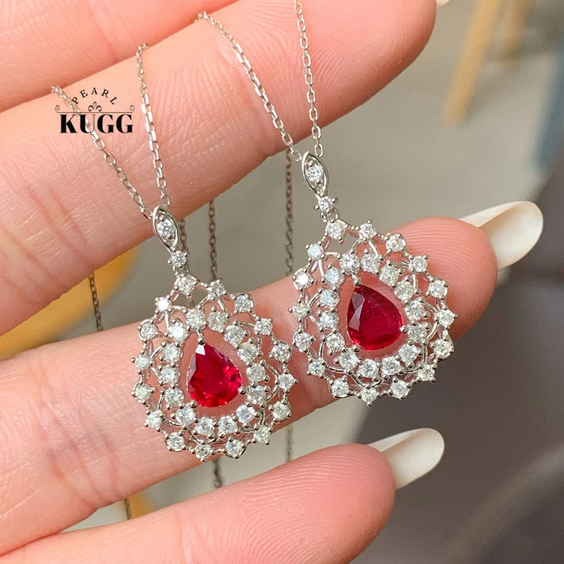 

KUGG 100% 18K White Gold Necklace Women Luxury Diamond Jewelry Elegant Water Drop Shape Natural Ruby Gemstone Pendant Necklace