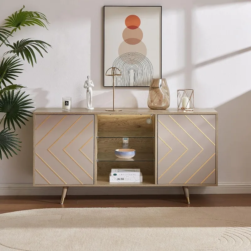 Mid Century Modern TV Stand with Storage, Entertainment Center with LED Lights, Sideboard Credenza Buffect Cabinet