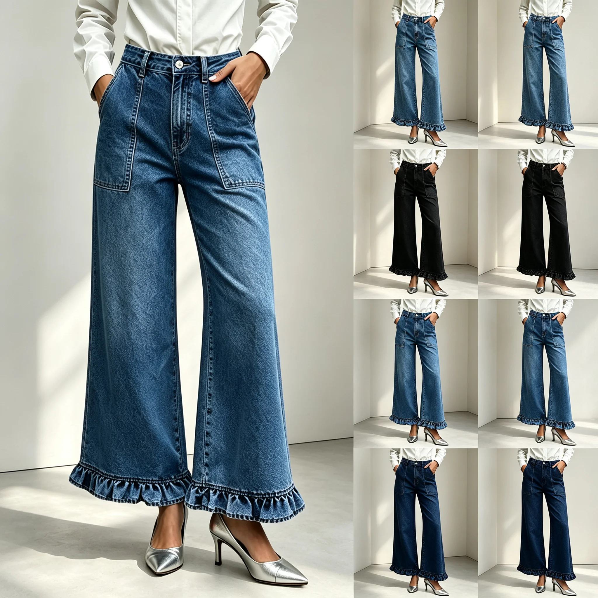 Women's Loose Straight Leg Jeans Ruffle Hem Casual Denim Pants Fashion Office Workwear Daily Wear Trousers
