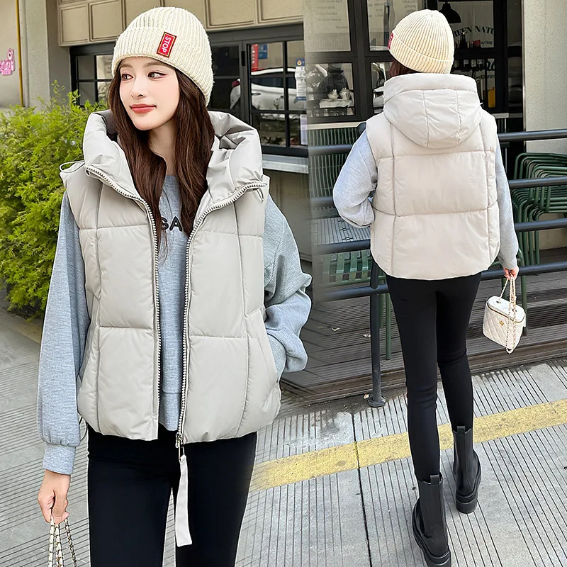 Women Parkas Vest Coats Solid Short Jacket Hooded Zipper Pocket Sleeveless Drawstring Loose Thick Office Lady Casual 2025 Winter