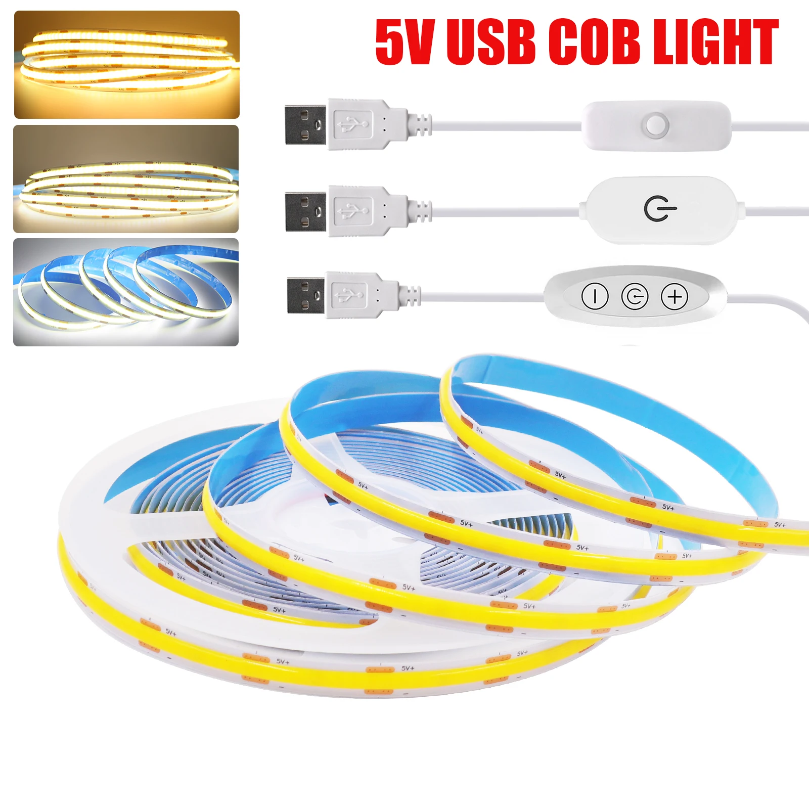 5V USB ON/OFF/Touch Dimmerable COB Strip 320Leds White 3000K 4000K 6000K Home Decor Cabinet Lamp Flexible Ribbon Rope LED Light