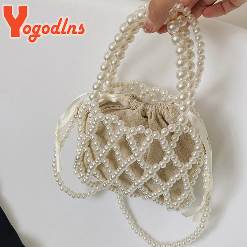 Yogodlns Mini Pearl Bag Women Bucket Tote Bag Pearl Woven Crossbody Hand Bags Coin Wallet Handbag Ladies Tote Shoulder Bags