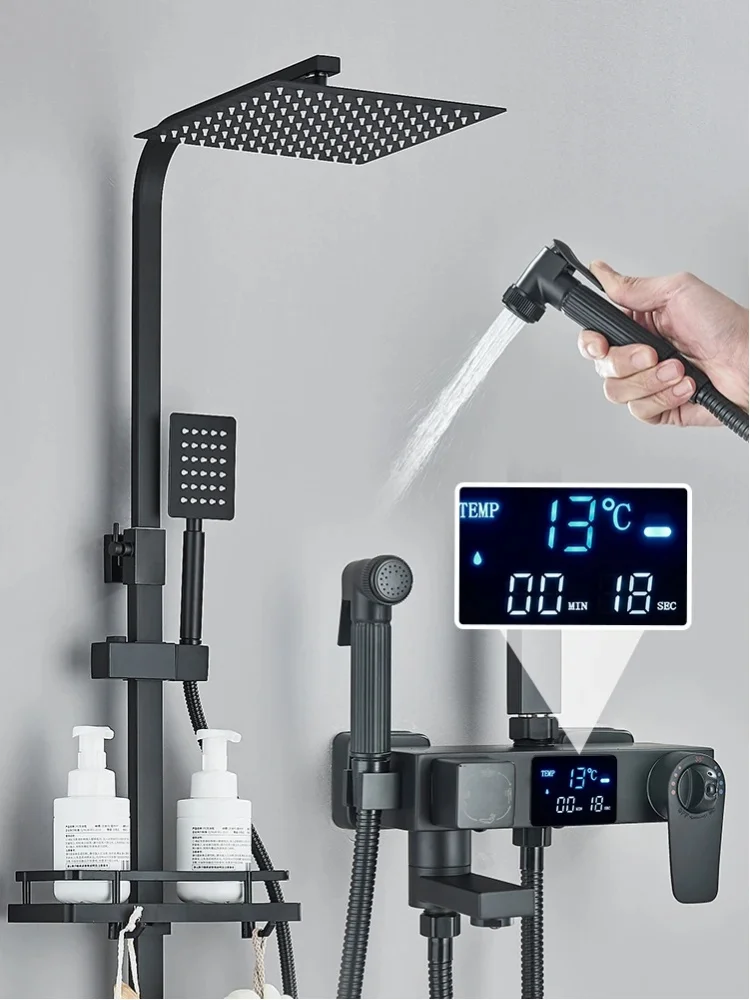 Schwarze digitale Thermostat-Duscharmatur mit Regendusche, 4-Wege-Mischer, Bidet-Armatur