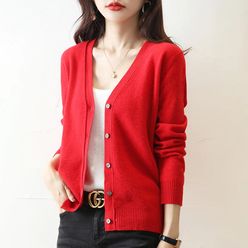 Women's Knitted Wool Cardigan Spring New Elegant Fashion V-Neck Single Breasted Sweater Long Sleeve Casual Coat Loose Chic Top