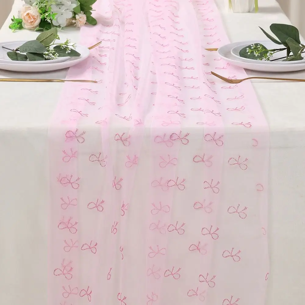 New Pink Bow Theme Table Runner Tulle Elegant Table Flag Cover Soft Sheer Cheese Cloth Table Setting Birthday Decoration